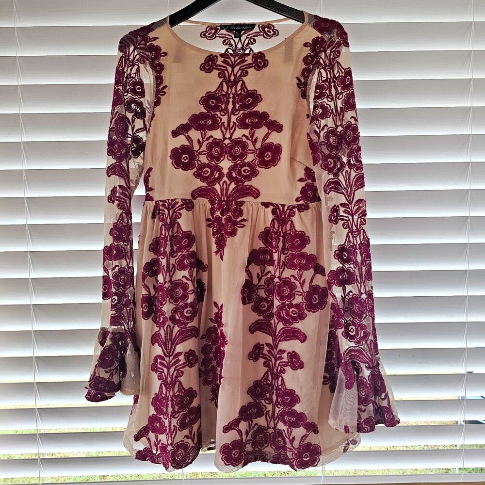 For Love & Lemons Women Size L Beige Burgundy Floral Temecula Mesh Mini Dress